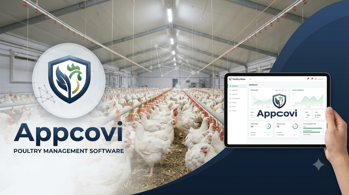 Appcovi Poultry Management Software — shield logo with a working broiler shed and dashboard tablet