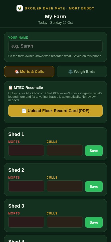 Mort Buddy — staff phone app for logging morts and culls per shed