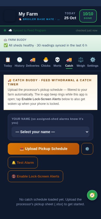 Catch Buddy tab — pickup schedule upload, lock-screen alerts, test alarm