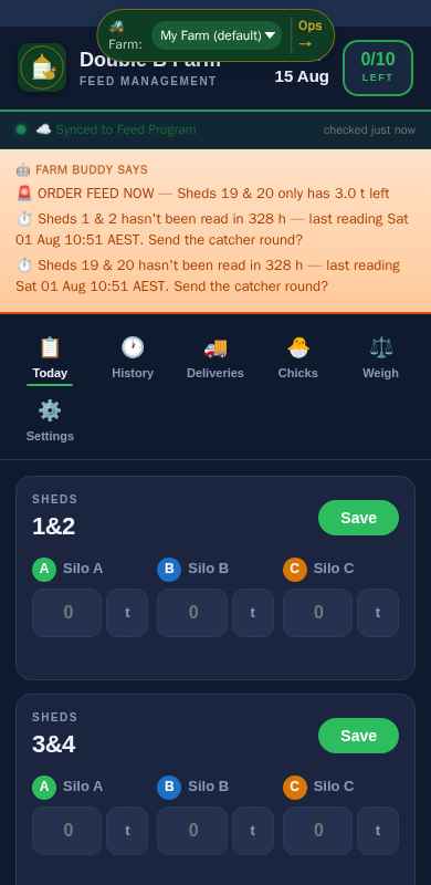 Today tab — live silo grid + Farm Buddy AI alerts